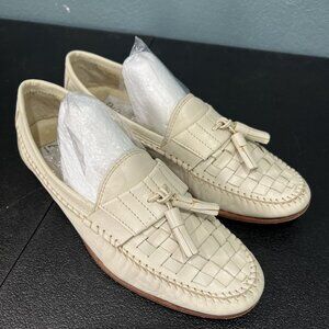 Lorenzo Puccini Vtg White Leather Loafers Mens 8 Woven Tassels Italian Mocs 80s